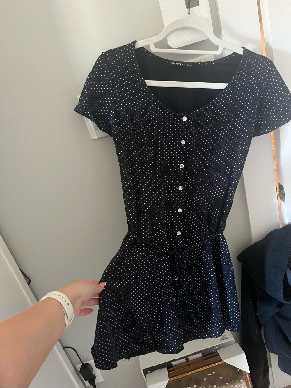 Brandy Melville Navy and White Polka Dot Button-Front Mini Dress